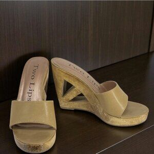 TWO LIPS -- Women’s Wedge Sandals, Extra High Wooden Heel, Cutout Design, Beige